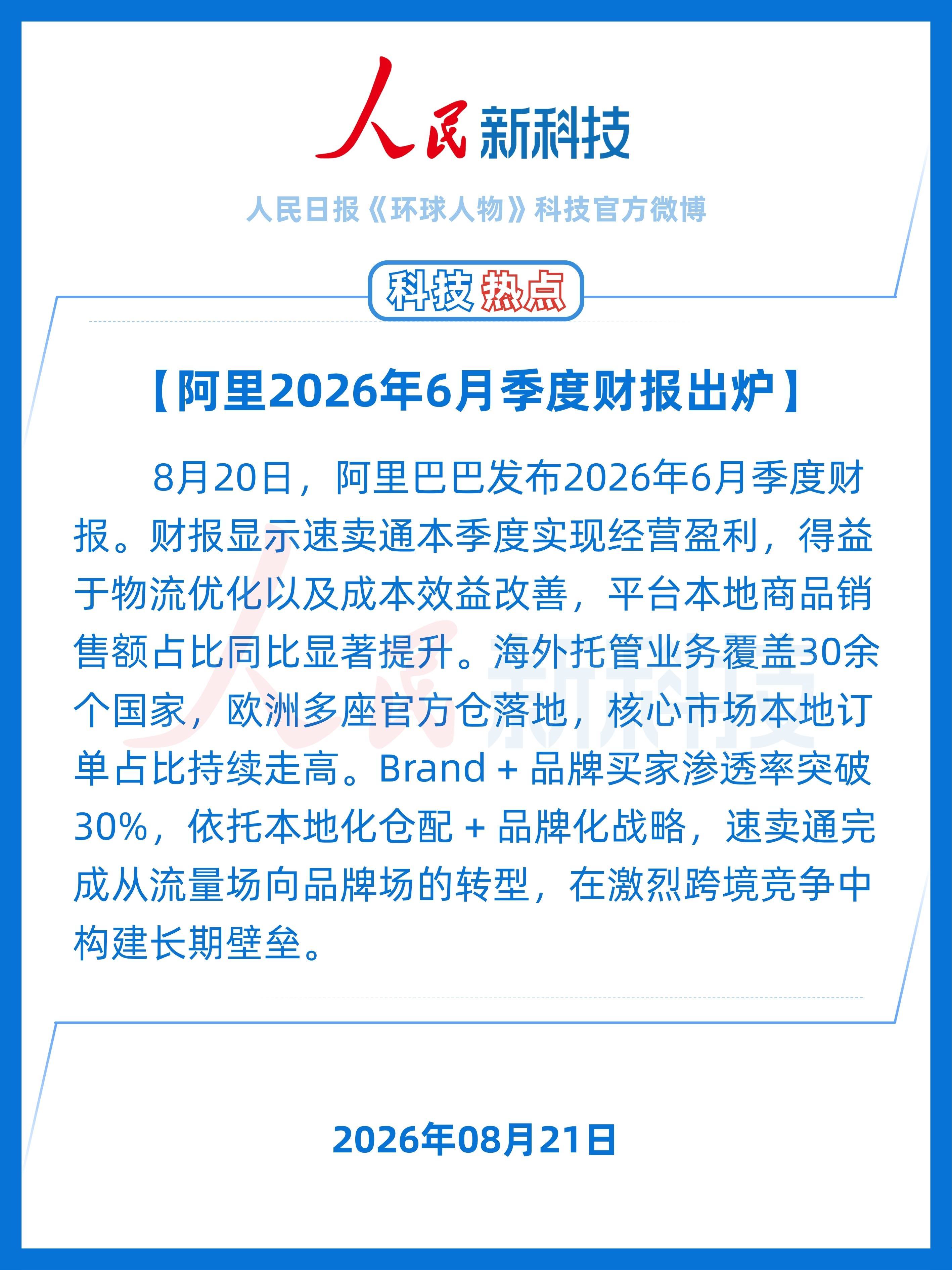 #科技热点#  8月20日，阿里巴巴发布2026年6月季度财报。财报显示速卖通本季度实现经营盈利，得益于物流优化以及成本效益改善，平台本地商品销售额占比同比显著提升。海外托管业务覆盖30余个国家，欧洲多座官方仓落地，核心市场本地订单占比持续走高。Brand + 品牌买家渗透率突破 30%，依托本地化仓配 + ​