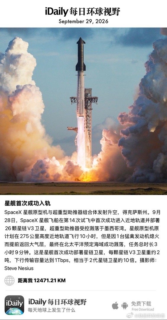 September 29, 2026 - SpaceX 星舰原型机与超重型助推器组合体发射升空，得克萨斯州。9月28日，SpaceX 星舰飞船在第14次试飞中首次成功进入近地轨道并部署26颗星链V3卫星，超重型助推器受控溅落于墨西哥湾。星舰原型机原计划在275公里高度近地轨道飞行10 ​