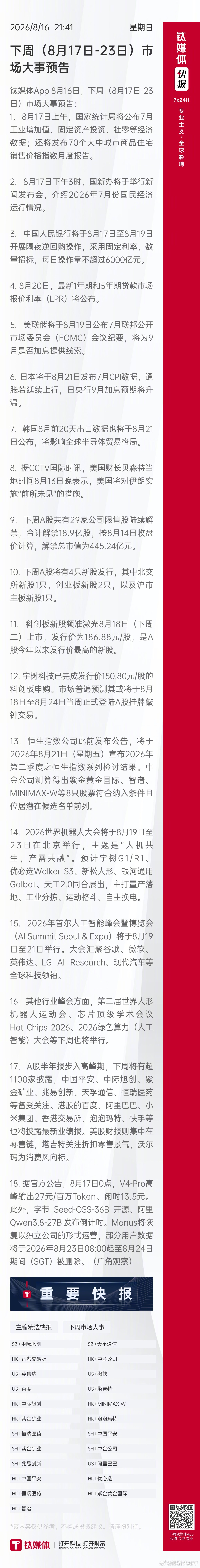 【#下周市场大事预告#】 
钛媒体App 8月16日，下周（8月17日-23日）市场大事预告：
1. 8月17日上午，国家统计局将公布7月工业增加值、固定资产投资、社零等经济数据；还将发布70个大中城市商品住宅销售价格指数月度报告。

2. 8月17日下午3时，国新办将于举行新闻发布会，介绍2026年7月份国民经济运行 ​