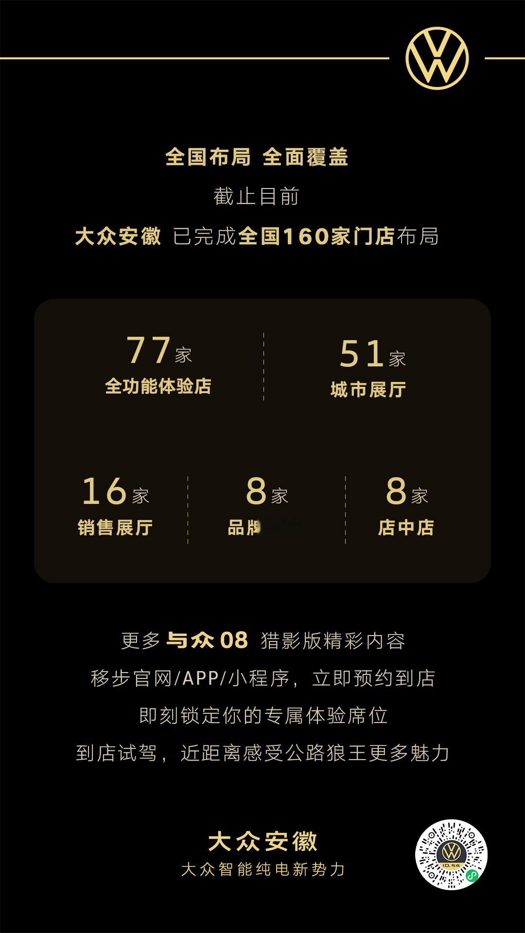 #与众08#猎影版，现已陆续到店
#能上赛道的家用SUV#，公路狼王，气场全开
#大众安徽#全国 160 家门店已全面布局：
77 家全功能体验店・51 家城市展厅・16 家销售展厅・8 家品牌中心・8 家店中店
你与狼王的距离，只差一次到店

即刻前往官网 / APP / 小程序预约试驾，近距离感受与众08 猎影版的真正实 ​