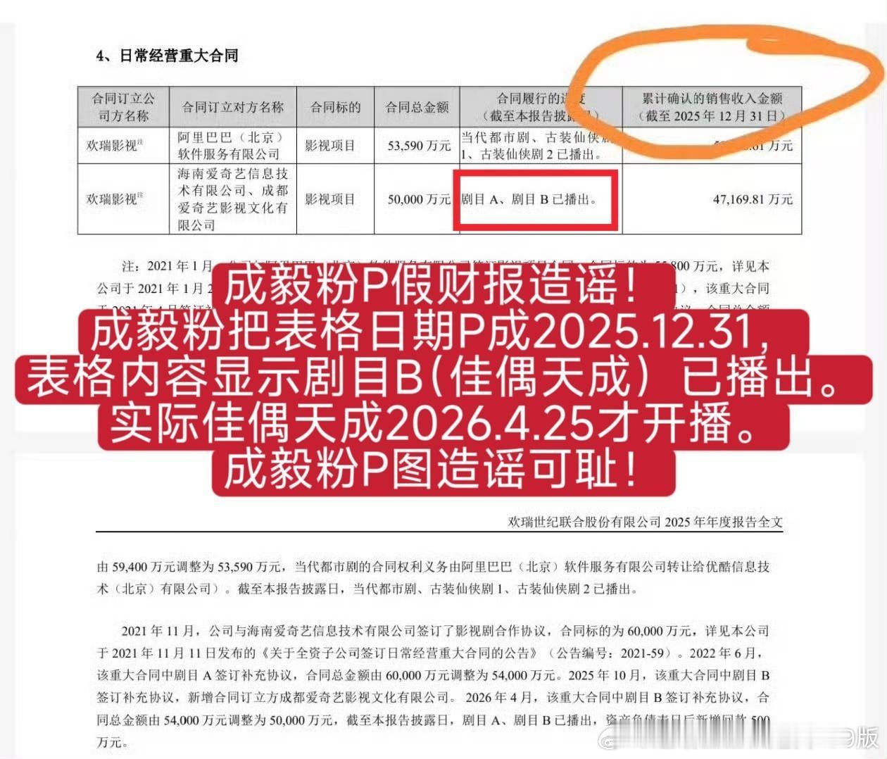 成毅粉丝给上市公司欢瑞世纪2026年半年报批图造假，顾头不顾腚，又丢脸了[笑cry] ​