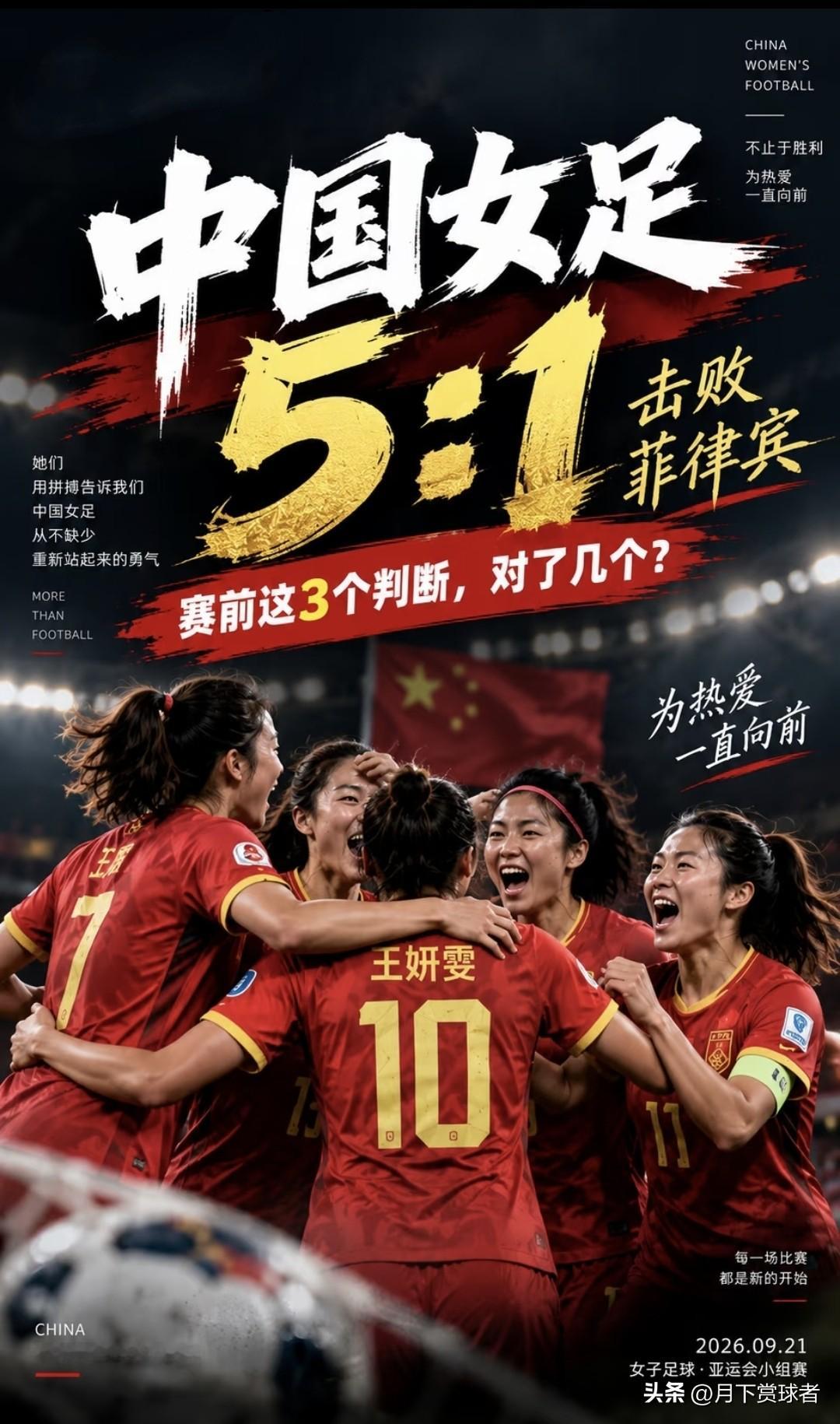 王妍雯帽子戏法！中国女足5-1大胜菲律宾锁定小组头名‌
9月21日，亚运会女足小组赛第三轮，中国女足5比1完胜菲律宾女足，三战积7分稳稳拿下小组第一，直接在八强淘汰赛阶段避开多支夺冠热门队伍。
本场王妍雯状态火热，头顶脚踢完成帽子戏法，进攻端几乎凭借一己之力撕开对手防线。张琳艳开场不久伤退的意外状况