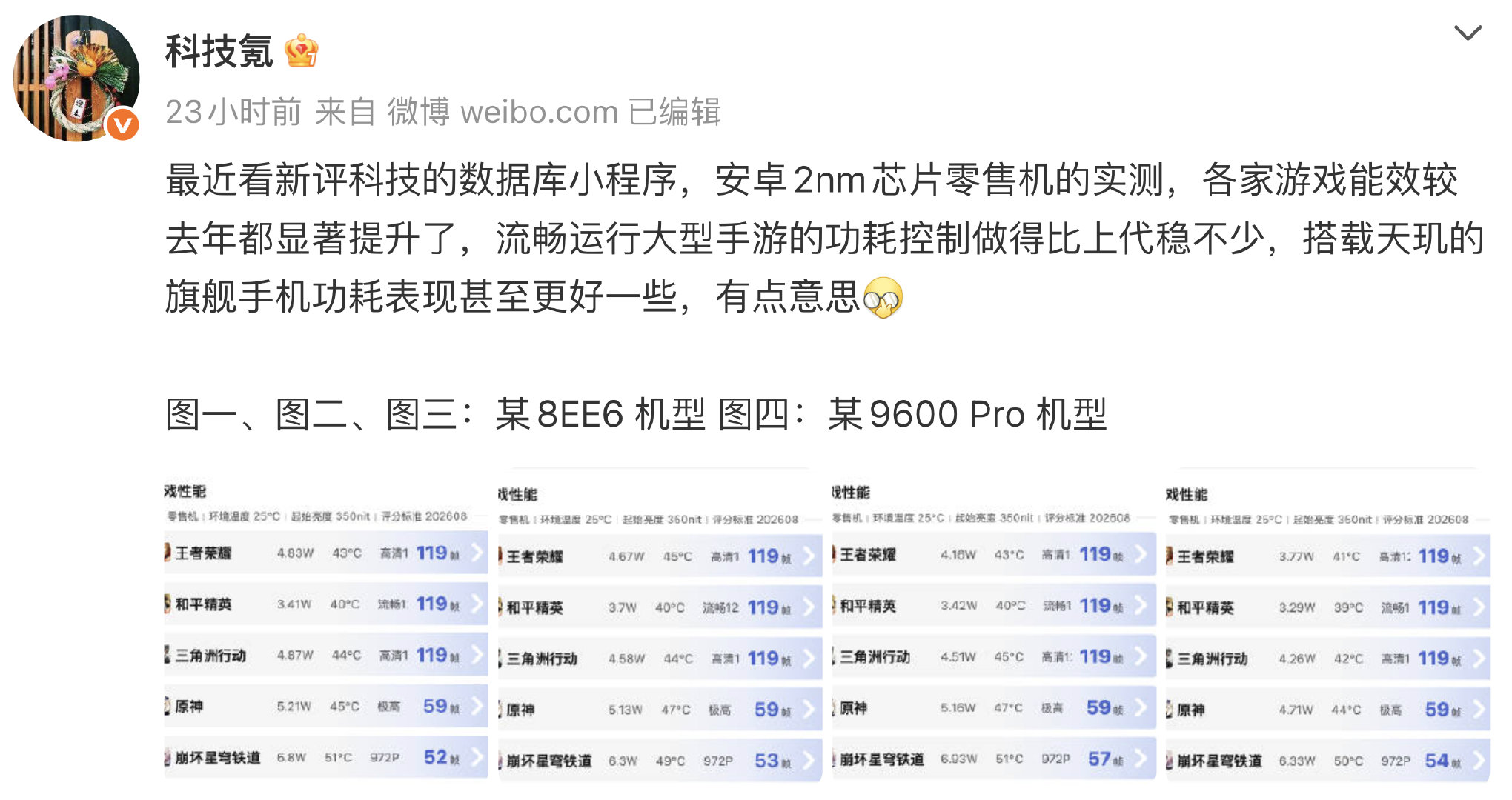 今年安卓2nm 零售机数据出来的差不多了，整体来说都不错，硬要说的话，今年天玑表现挺好，像王者、和平精英这类游戏功耗跟小游戏差不多，原神、星铁这种重度手游，也是发热功耗都更低。今年联发科2nm 表现不错，把能效潜力都挖出来了，今年的双十一，可以多看看天玑旗舰的优惠。 ​