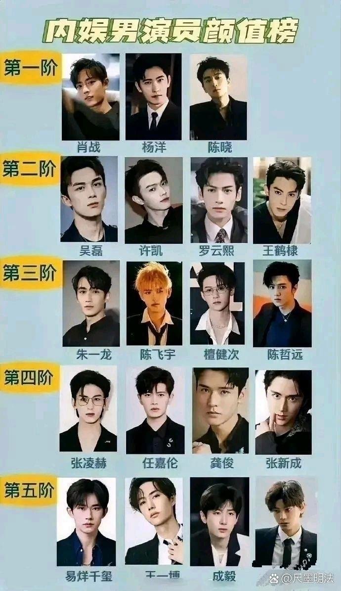 中国男明星颜值排行榜 

第一阶：肖战 杨洋 陈晓 

第二阶：吴磊 许凯 罗云熙 王鹤棣 

第三阶：朱一龙 陈飞宇 檀健次 陈哲远 

第四阶：张凌赫 任嘉伦 龚俊 张新成 

第五阶：易烊千玺 王一博 成毅 

我觉得许凯和朱一龙都可以升到第一阶去，任嘉伦和龚俊可以升到第二阶去。大家怎么看呢？ ​
