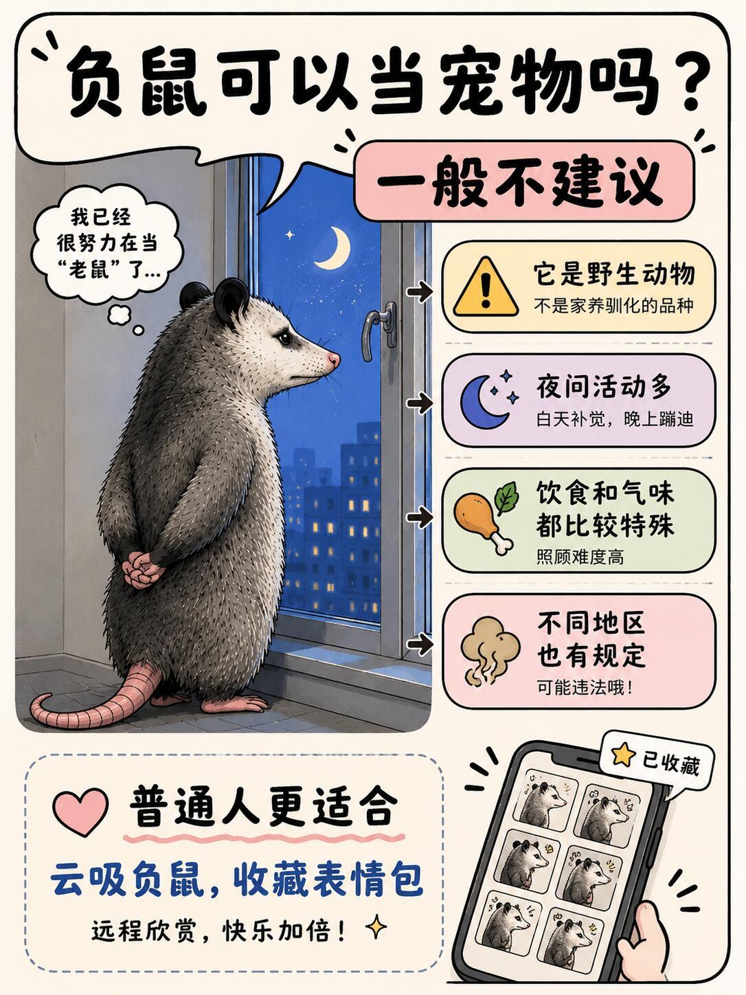 生物冷知识丨负鼠的超全冷知识负鼠表情包是我近期最爱了，负鼠是北美洲唯一的原生有袋类动物，外形酷似老鼠，实则与袋鼠亲缘更近。性情温顺胆小，遇危险时不会主动反抗，而是开启装死模式，身体僵硬、散发异味，以此躲避天敌。负鼠体质特殊，体内含有天然蛇毒抗体，可抵御多种毒蛇侵袭，还常捕食害虫与鼠类，是益兽。冷知识