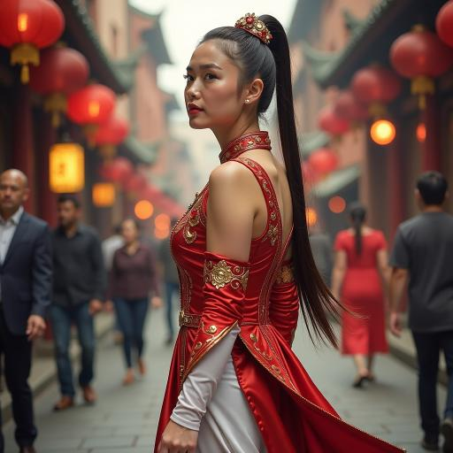 穿越时空的旗袍美人，漫步在古色古香的街道上。