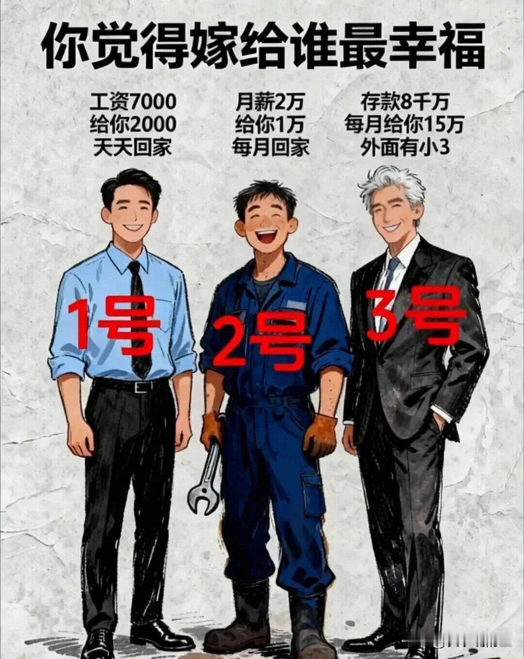 我就想问姐妹们一句， 如果是重新选择结婚对象， 以下三个男的你会选择谁...