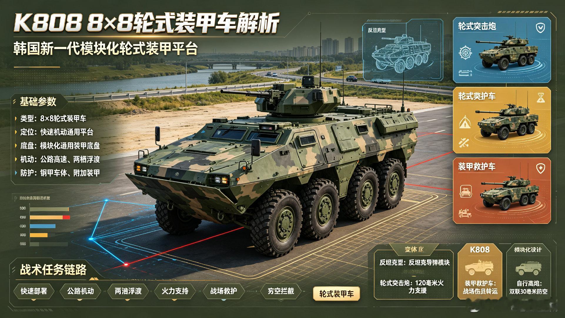 K808，韩国新一代8×8轮式装甲车。模块化底盘可改装反坦克、突击炮、防空和装甲救护变体，兼具公路高速机动与两栖浮渡能力，是韩军快速反应部队的多任务装甲平台。
 
#每天认识一件兵器##军事ai新视野##全球武器装备盘点# ​