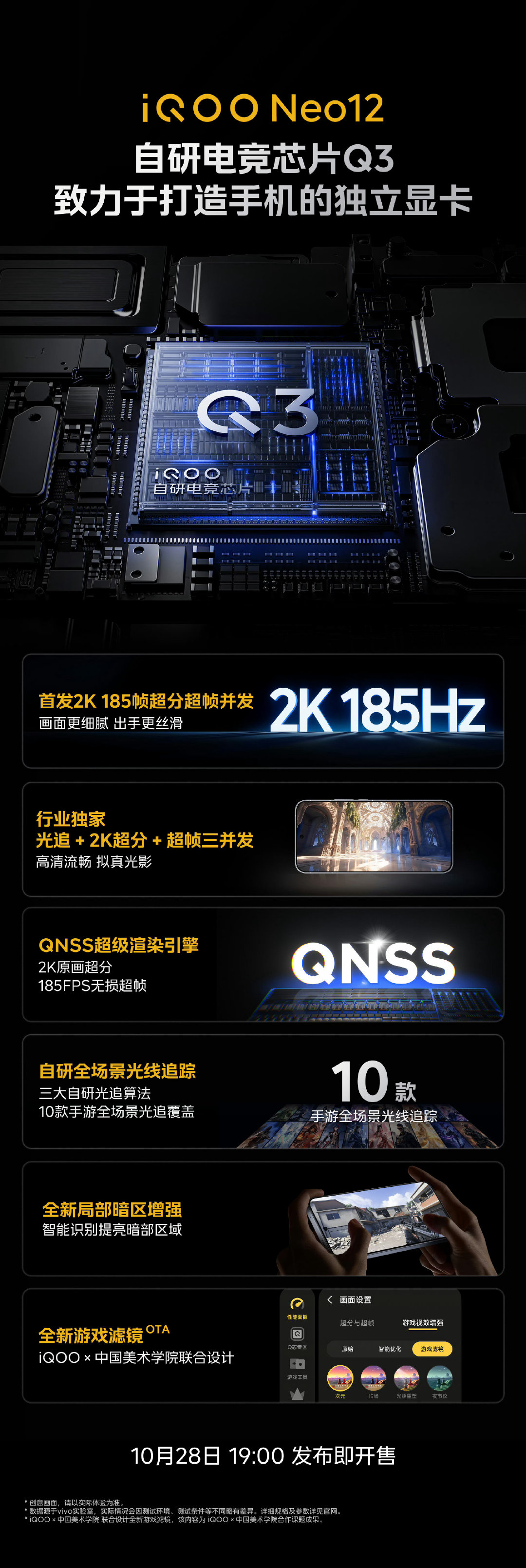 #iQOO Neo12#搭载自研电竞芯片Q3，致力于打造手机的独立显卡！
行业首发2K 185帧超分超帧并发！行业独家光追+2K超分+超帧三并发！更有全新局部暗区增强、全新游戏滤镜......视效体验敢争锋！
#iqoo[超话]# ​