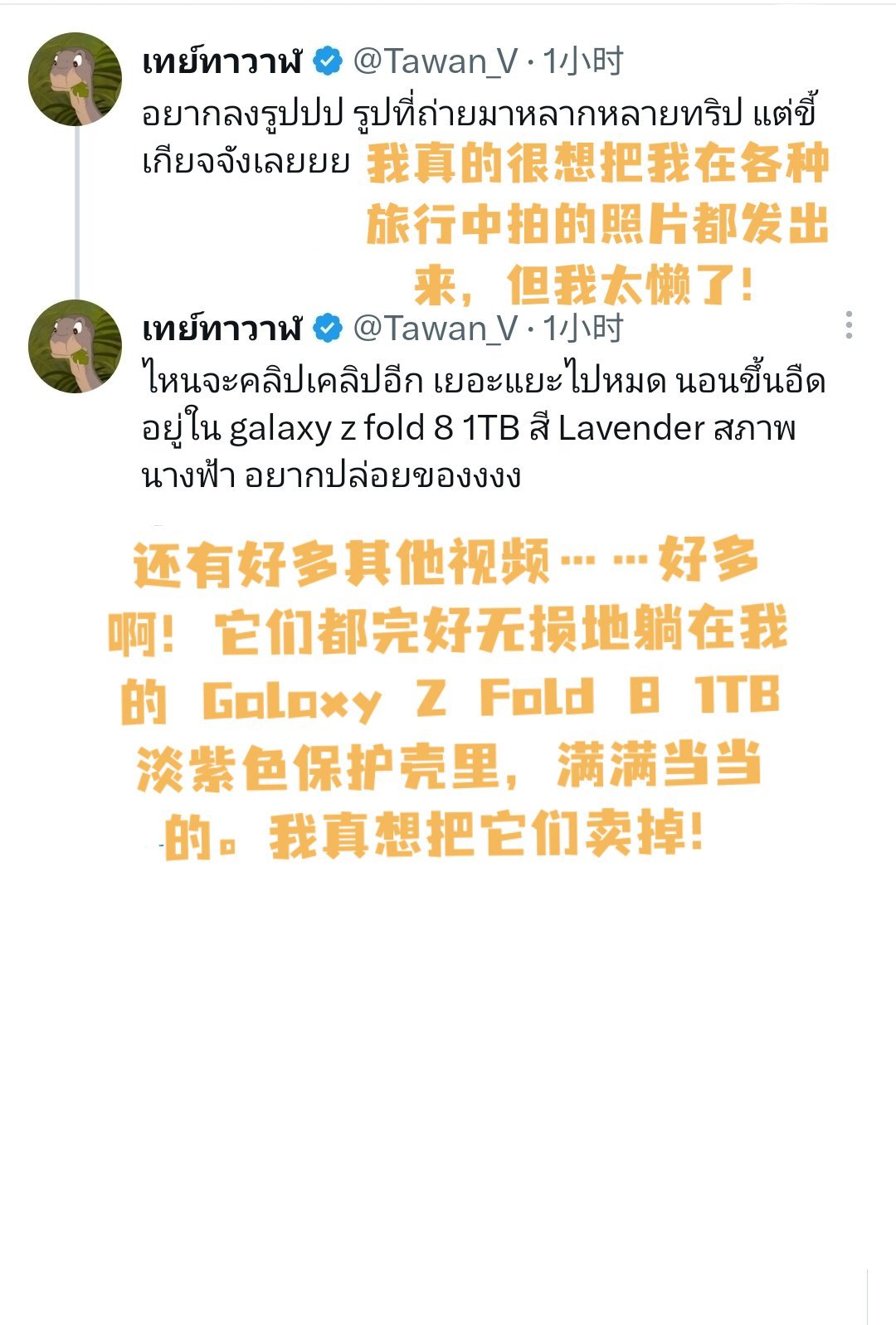 #taytawan[超话]#
林阳快把照片发出来！！！！！！

Tawan_V：
我真的很想把我在各种旅行中拍的照片都发出来，但我太懒了！
还有好多其他视频……好多啊！它们都完好无损地躺在我的 Galaxy Z Fold 8 1TB 淡紫色保护壳里，满满当当的。我真想把它们卖掉！ ​