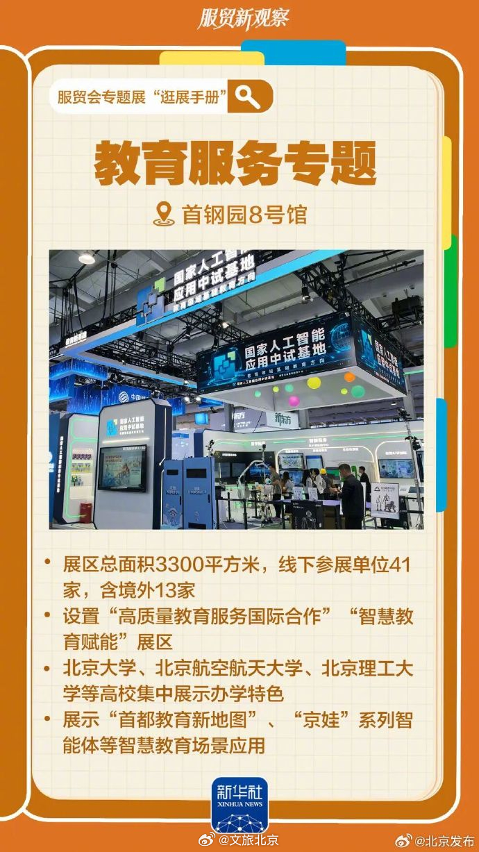 #文旅时讯##2026年服贸会#【服贸会开幕，给你送上“逛展手册”!】2026年中国国际服务贸易交易会9日在北京首钢园开幕，共设有健康卫生服务、金融服务、文旅服务、教育服务等九大专题展。这些和你我生活息息相关的专题展，都有什么特色和亮点？现场有哪些有趣的互动体验？带着这份“逛展手册”，一起打卡 ​