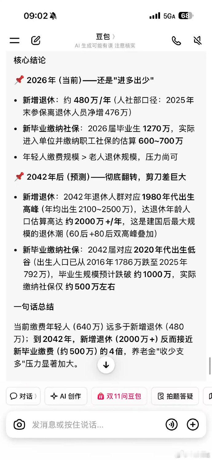 现在新增参保人数比退休人数多都有压力了，按豆包预测的，若干年后每年退休人数大概是新增参保人数的四倍，
那到时候要怎么撑？ ​