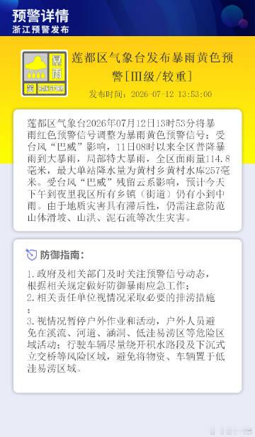 莲都区气象台发布暴雨黄色预警[Ⅲ级/较重]