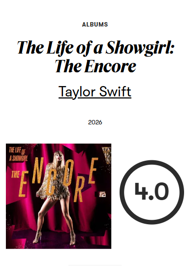 【Pitchfork乐评】Taylor Swift - "The Life of a Showgirl: The Encore"

评分：4分

全文乐评："去年那张现象级畅销专辑如今又追加了四首新歌，却几乎没能扭转这位词曲作者近年创作持续走低的轨迹。"

Taylor Swift 永远拥有流行音乐史上最伟大的创作曲库之一，这一点谁也夺不走。但听到《Patient Ze ​