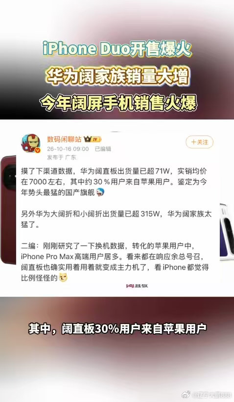 #苹果折叠屏爆火华为意外成赢家#
越来越多人青睐折叠屏，核心在于实用性。大屏观感舒适，多任务分屏大幅提升办事效率。随着软硬件生态日趋完善，大家不再盲目跟风，只根据真实使用体验挑选机型。#iPhoneDuo上市华为阔屏机销量大涨# ​