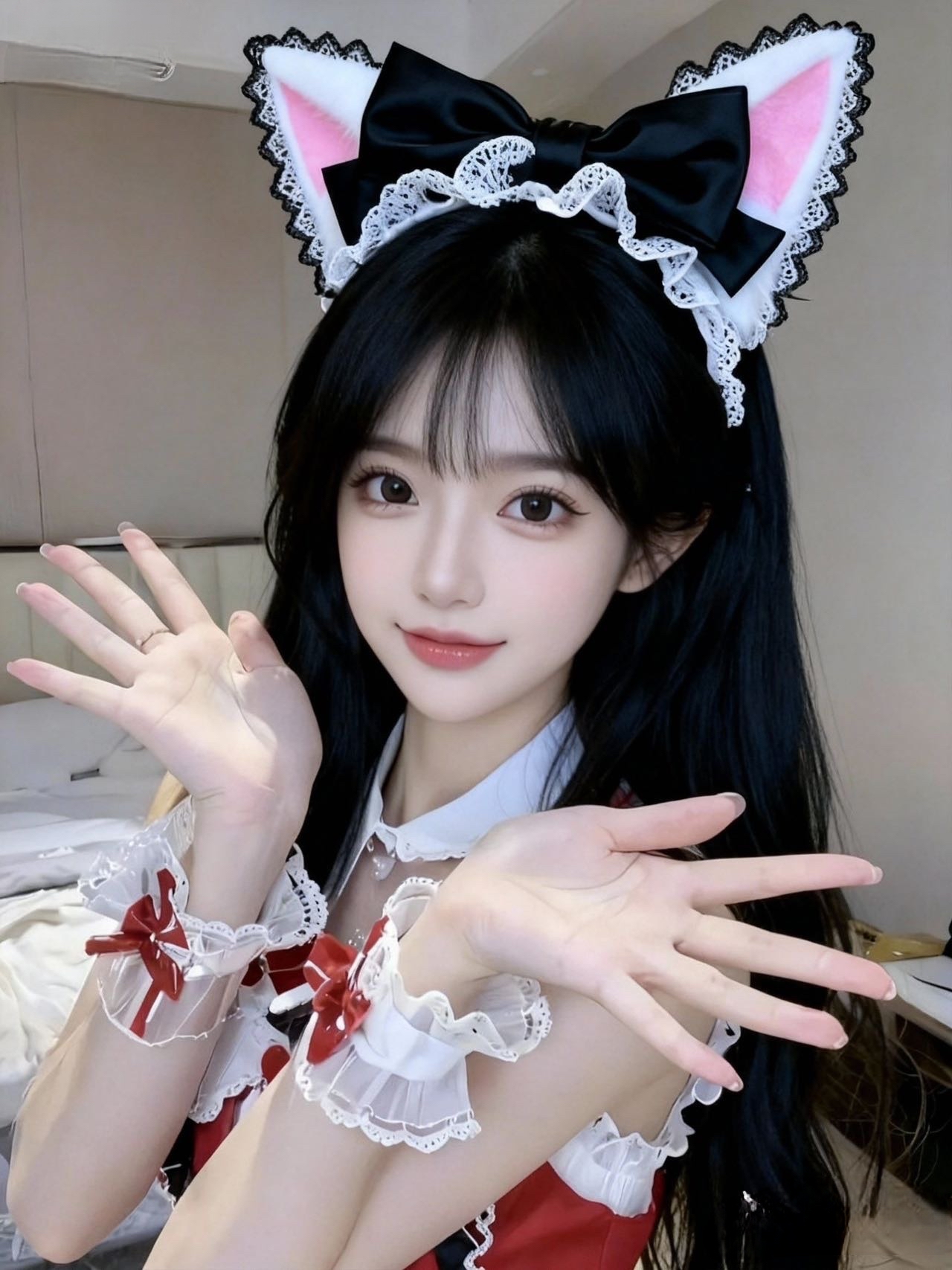 今天是猫耳女仆甜妹🎀  周末宅家突然想搞点可爱的！翻出这套红白女仆装...