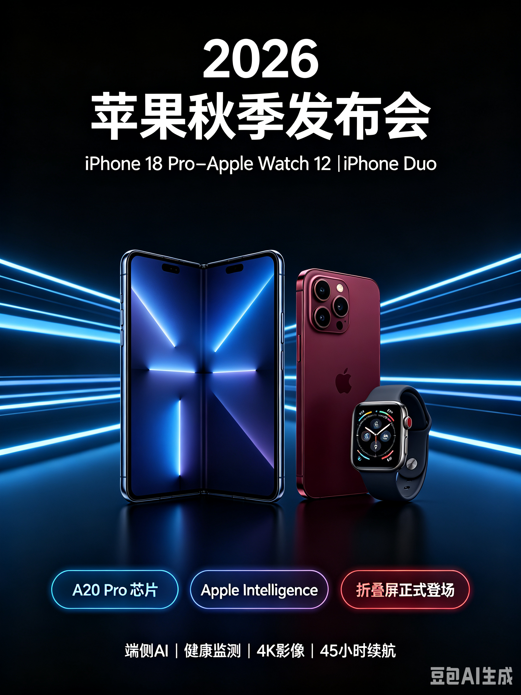 2026年苹果秋季发布会落幕，新任CEO约翰·特努斯带来了iPhone 18 Pro系列、Apple Watch 12、首款折叠屏iPhone Duo等重磅产品，这场发布会被业内视为苹果过去15年的收官之作，也将决定未来15年的产品走向。
 
一、iPhone 18 Pro：AI与性能的双重突破