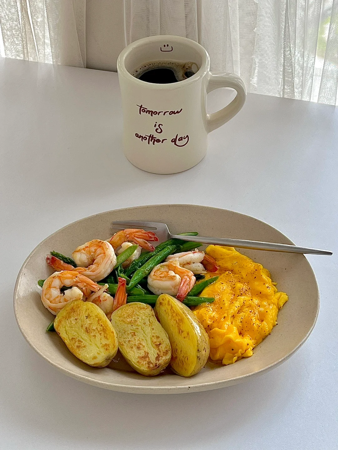 ☀️工作日早餐｜芦笋虾仁&煎土豆&牛奶滑蛋😋