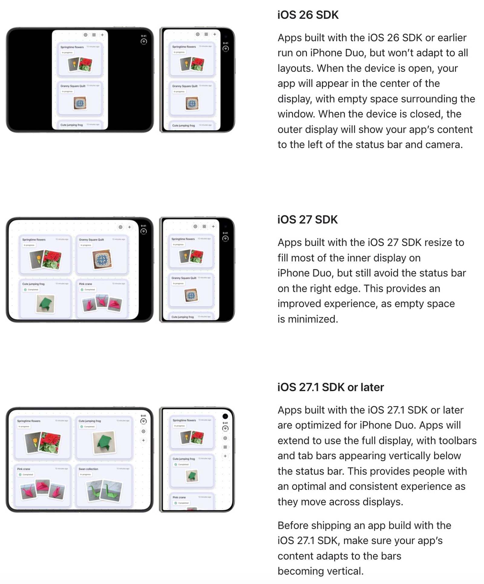 【Apple 将​​在 App Store 中将 App 标记为“专为 iPhone Duo 设计”】

Apple 在新闻稿中详细说明了针对 iPhone Duo 优化的app，并表示 App Store 将为“专为 iPhone Duo 设计”的 app 贴上标签。

为了使 app 针对 iPhone Duo 进行优化，开发者需要使用 iOS 27.1 或更高版本的 SDK 进行构建。针对  ​