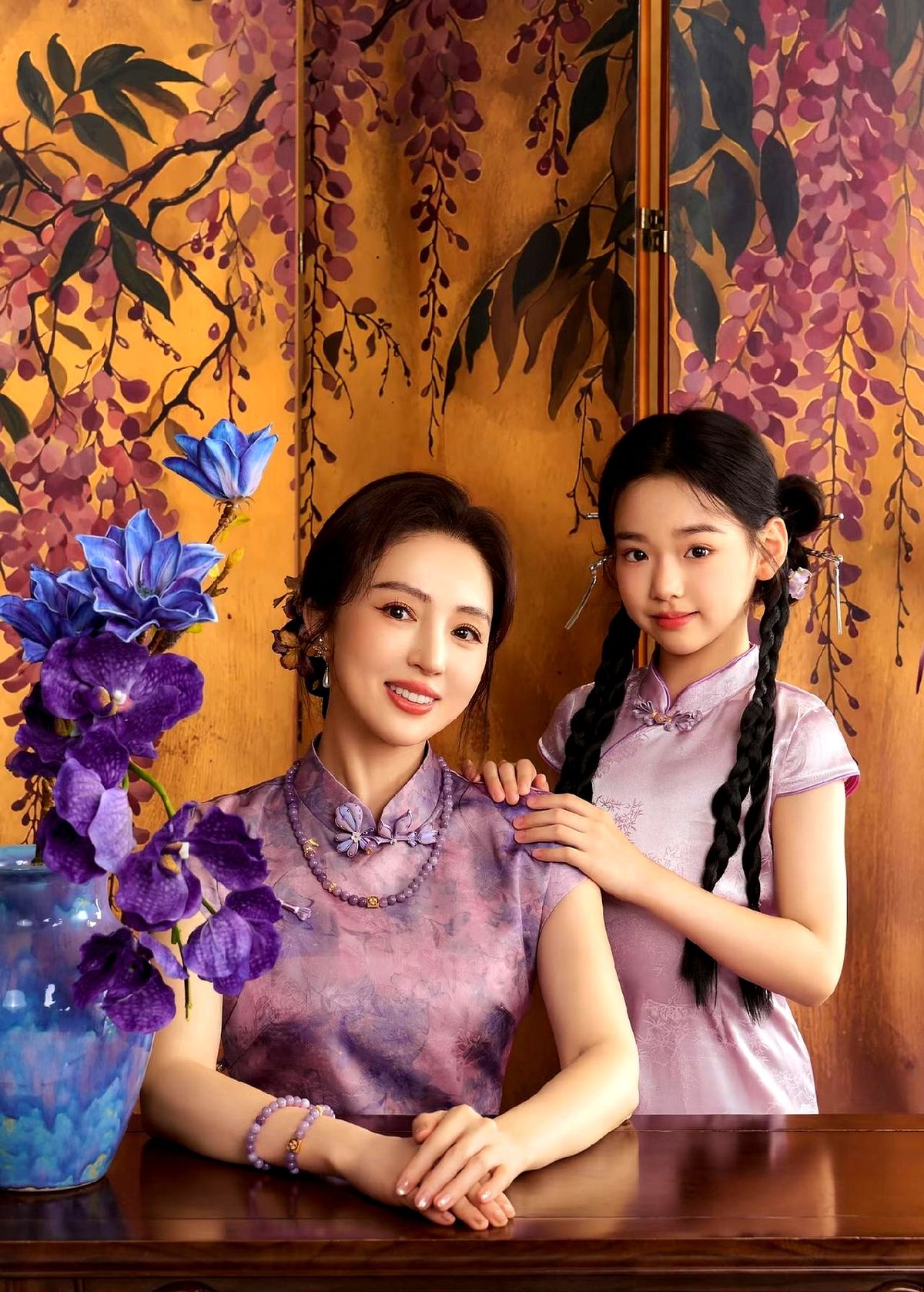董璇牵着女儿一出镜，满屏的紫气东来直接把人看愣了。

她把头发松松挽起，套上一件紫色国风旗袍，往那一站就透着股温婉。

旁边的小酒窝扎着双丫髻，提着裙摆冲着镜头笑，眉眼轮廓简直是把妈妈的基因一比一复刻了过来。

两人一个端庄一个灵动，连低头对视的眼神都透着十足的默契。这组照片没弄花里胡哨的背景，单靠