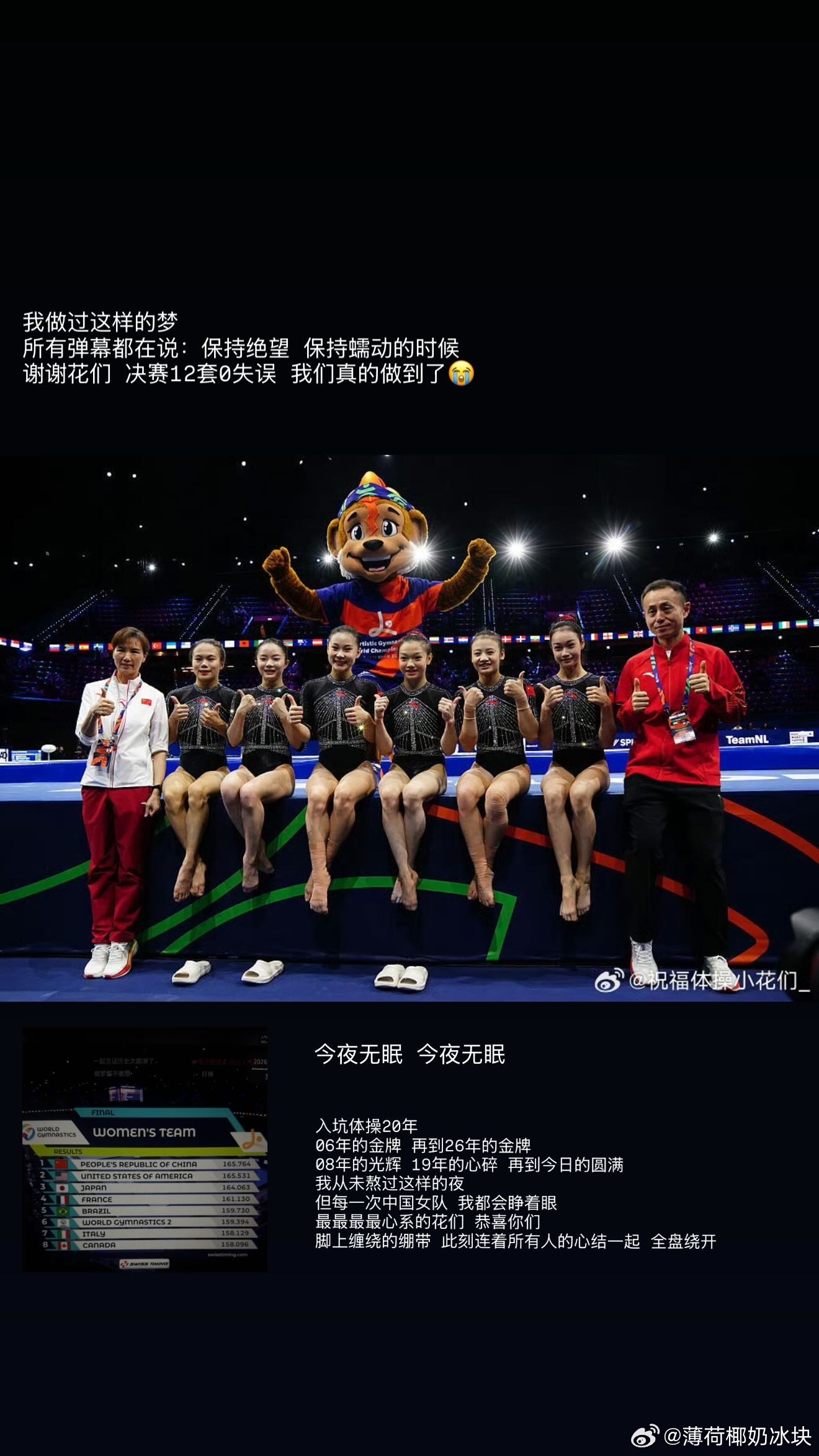 中国体操女团时隔20年再夺金牌，泪水是坚持最好的注脚
 
在2026体操世锦赛女团决赛的赛场，一场扣人心弦的比拼落下帷幕。中国体操女团以165.764分拿下金牌，时隔整整20年，再度站上世锦赛女团最高领奖台。美国队以165.531分收获银牌，日本队拿到铜牌，0.233分的微弱分差，让这场胜利更加来之