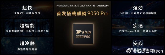 华为新一代高性能芯片麒麟 9050 Pro 伴随三折叠新机一同发布。CPU、GPU、NPU 全方位升级，游戏负载、多任务处理、AI 算力得到强化。架构优化平衡性能与功耗，很多网友已经好奇实际体验，静待新机到手看实测表现。#华为全球发布会##华为发布麒麟9050 pro芯片# ​​​​