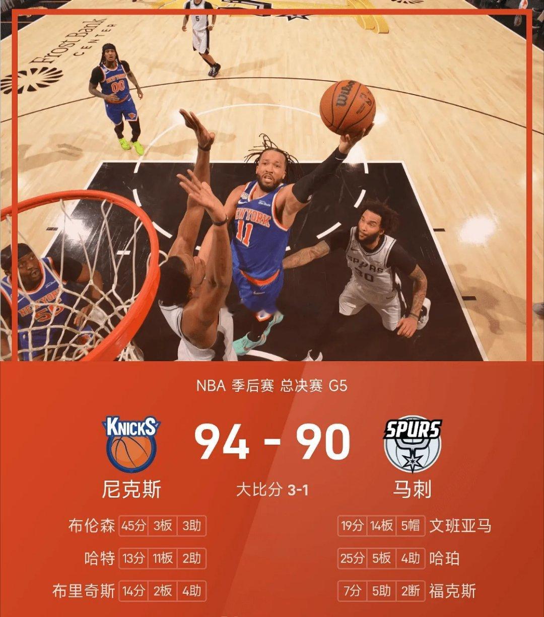 🏆布伦森45分，尼克斯94-90险胜马刺，夺得2026年NBA总冠军...