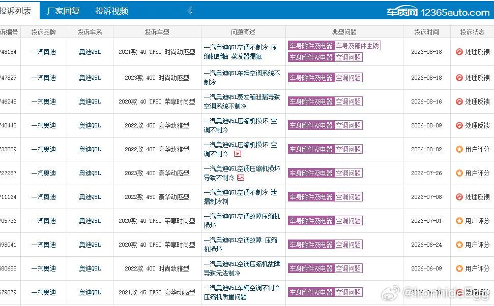 Q5L频繁出现空调压缩机损坏，车主该如何应对？
众多奥迪 Q5L 车主反馈空调压缩机故障、冷媒泄漏，行驶途中空调突然不制冷，不同年款车型均有相关反馈。空调属于高频使用的用车配置，故障高发会给车主带来不少麻烦。面对这一类集中出现的空调系统问题，厂家有没有做过问题溯源？普通车主碰到这类频发故 ​