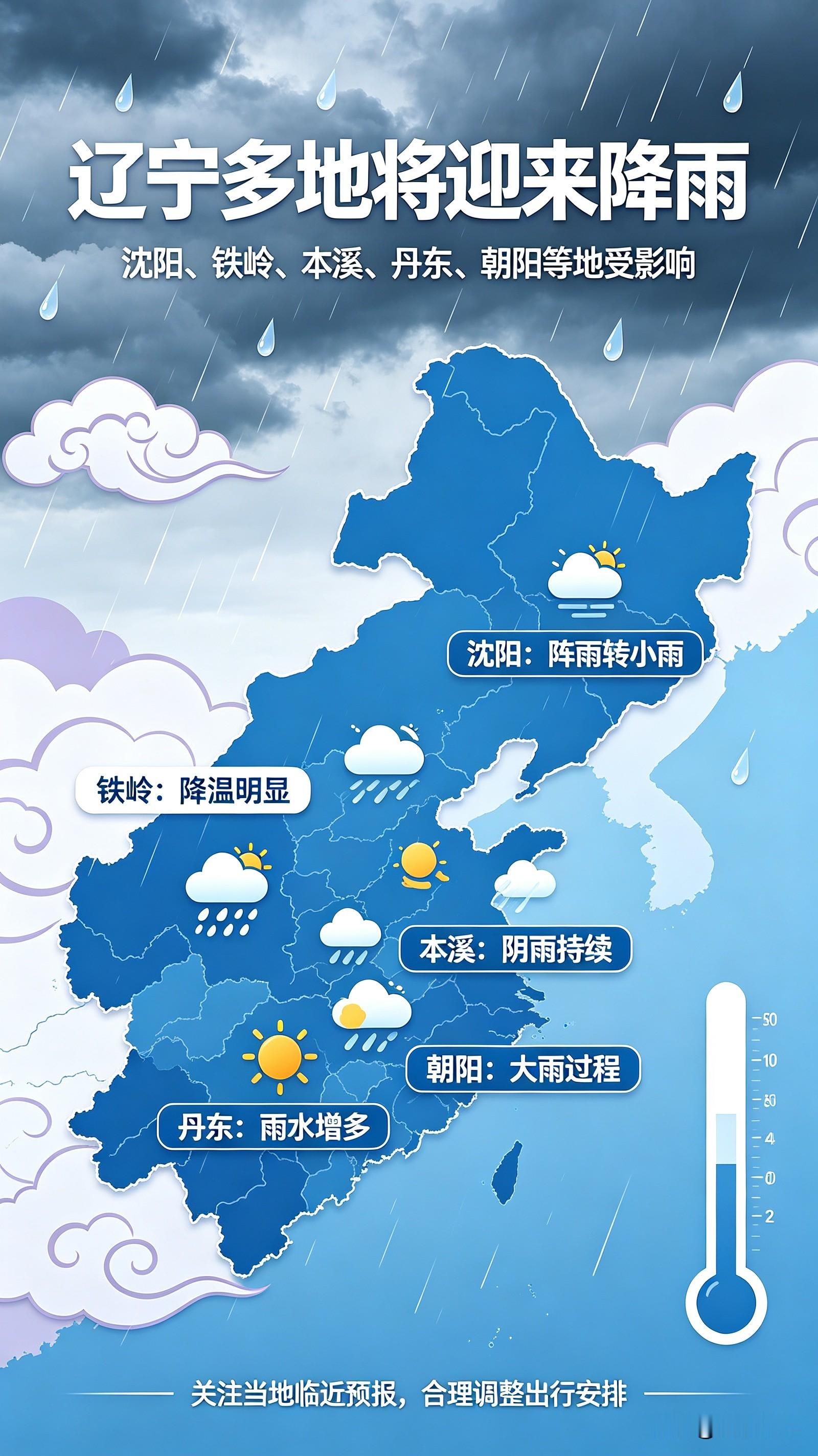 国庆假期过得飞快，本来还打算趁着这几天出门走走，刷到这条天气预报，才发现辽宁马上要迎来一轮降雨和降温，一下子打乱了不少出行计划[送自己一朵花]。

从预报上看，三号到四号省内多地都会下雨，朝阳有大雨，沈阳、铁岭、本溪等大部分地区都是中雨。假期本来就是大家出门游玩、探亲访友的时候，遇上雨