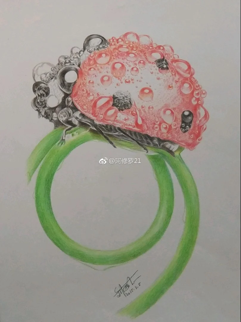 彩铅，七星瓢虫。好像个戒指哇。