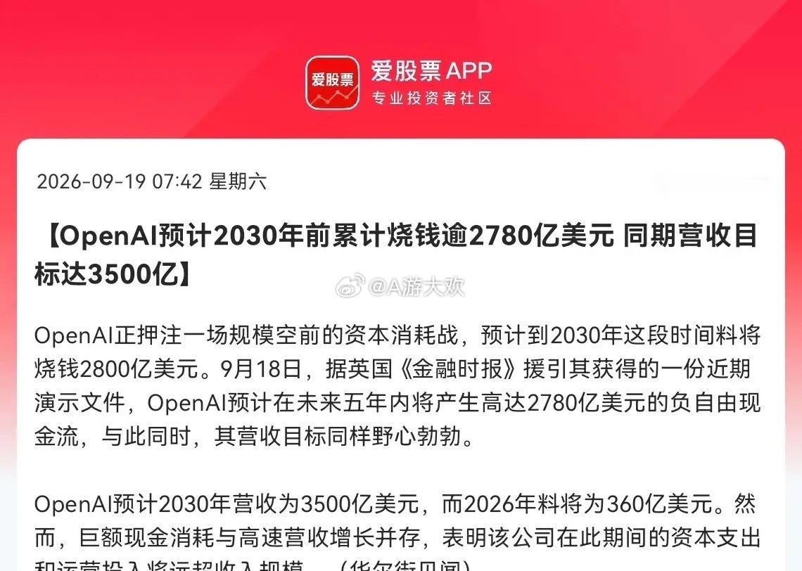 多重利好来袭…

利好消息一、OpenAI披露预计到2030年前累计烧钱超2780亿美元，同时定下3500亿的营收目标，巨额资本开支意味着未来会持续大规模采购算力硬件，这对AI、半导体芯片板块属于明显利好，高规模的资金投入，会持续拉动GPU、AI芯片、服务器等上游硬件的采购需求，给全球算力产业链带来增量空 ​