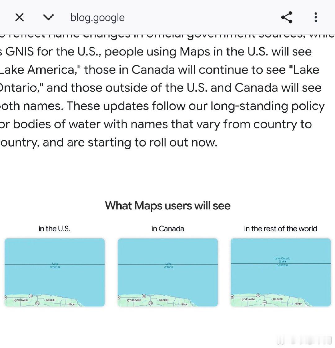 Google 对安大略湖的名称更改进行了说明：美国使用者显示LAKE AMERICA，加拿大显示LAKE ONTARIO，其他国家显示LAKE ONTARIO（LAKE AMERICA）。 ​