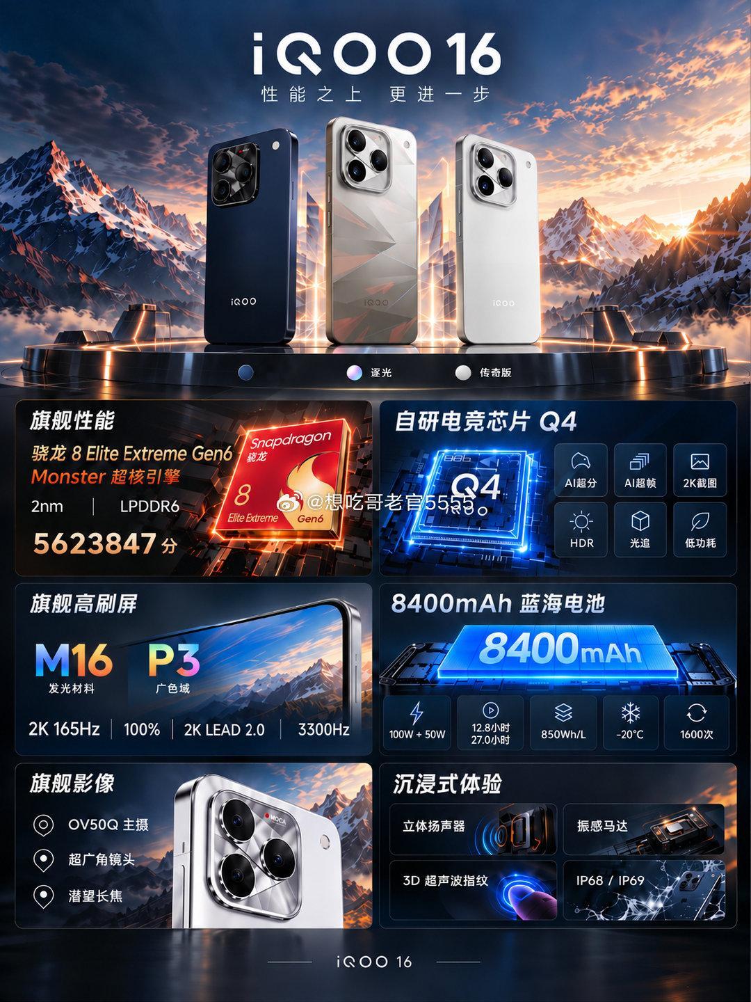 #iqoo[超话]#  #iQOO16# 明日舷窗设计太戳人！机械臂串联三摄模组，逐光配色自带全息光影，拿在手里科幻感直接拉满。2nm骁龙8 Elite Extreme Gen6搭配自研电竞芯片Q4，2K 165Hz三星M16直屏，游戏、日常两不误，全能旗舰就位 ​