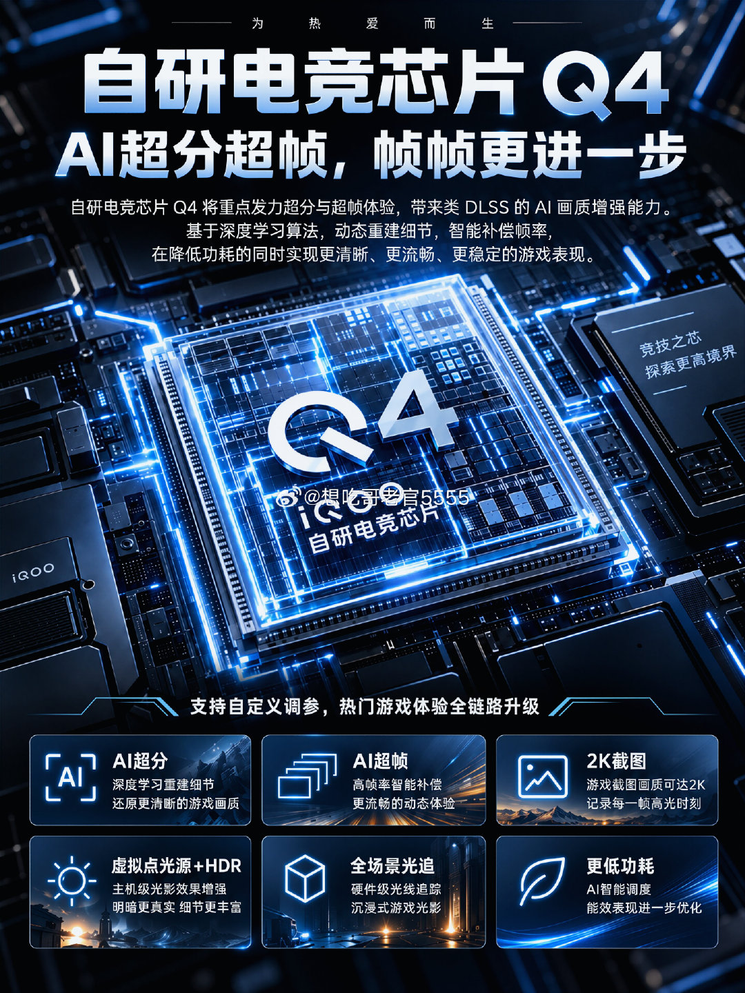#iqoo[超话]##iQOO16#
标准版打出超Pro级实力。
2nm骁龙8 Elite Gen6 Pro+自研Q4电竞独显，性能天花板就位。满帧大型游戏稳定输出，散热调度进一步优化。不止跑分好看，实际游戏帧率、触控响应才是重头戏，就看正式版本调校能不能给到惊喜。 ​