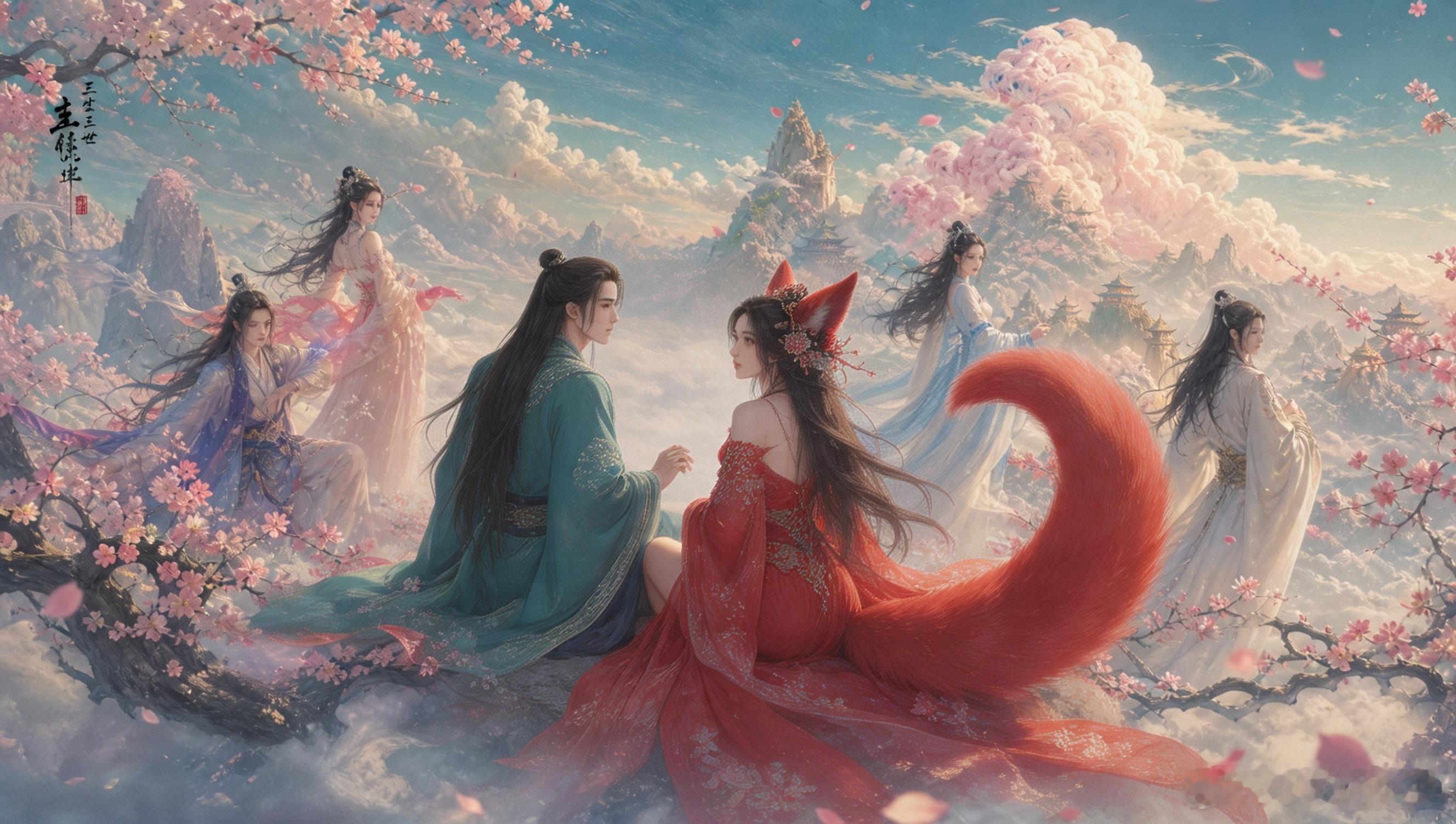 影视海报AI生图指令/提示词：横向全景仙侠群像海报，油画质感，亚麻画布...