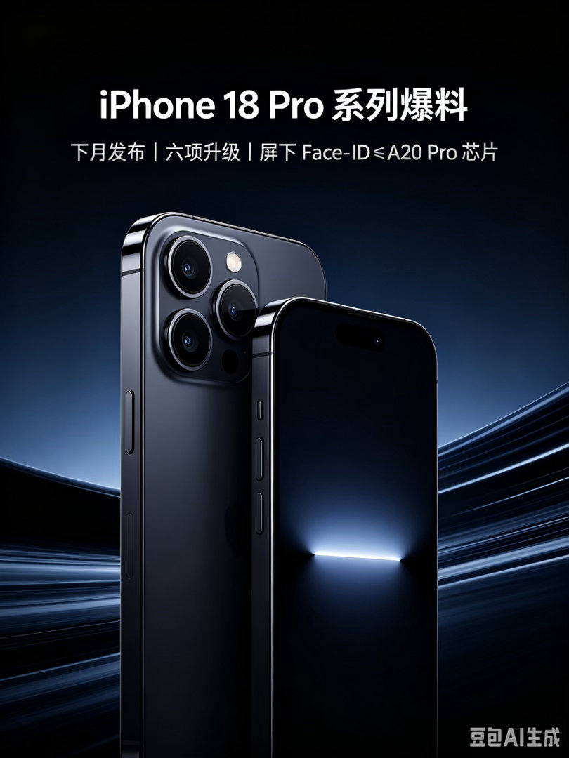#iPhone18Pro系列六大升级#iPhone18Pro系列爆料来袭

iPhone18 Pro系列网传预计下个月正式发布，网上曝出六项重磅升级。设计上Face‑ID组件移到屏幕下方，灵动岛也会随之改变。新机将搭载A20Pro芯片，性能有望大幅提升，同时相机影像、电池续航、网络连接都会迎来优化。全新的外观辨识度很高，不知道这 ​