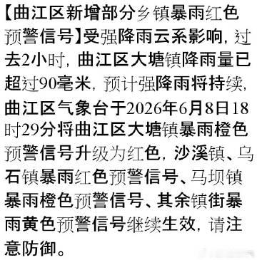 【曲江区新增部分乡镇暴雨红色预警信号】受强降雨云系影响，过去2小时，曲...