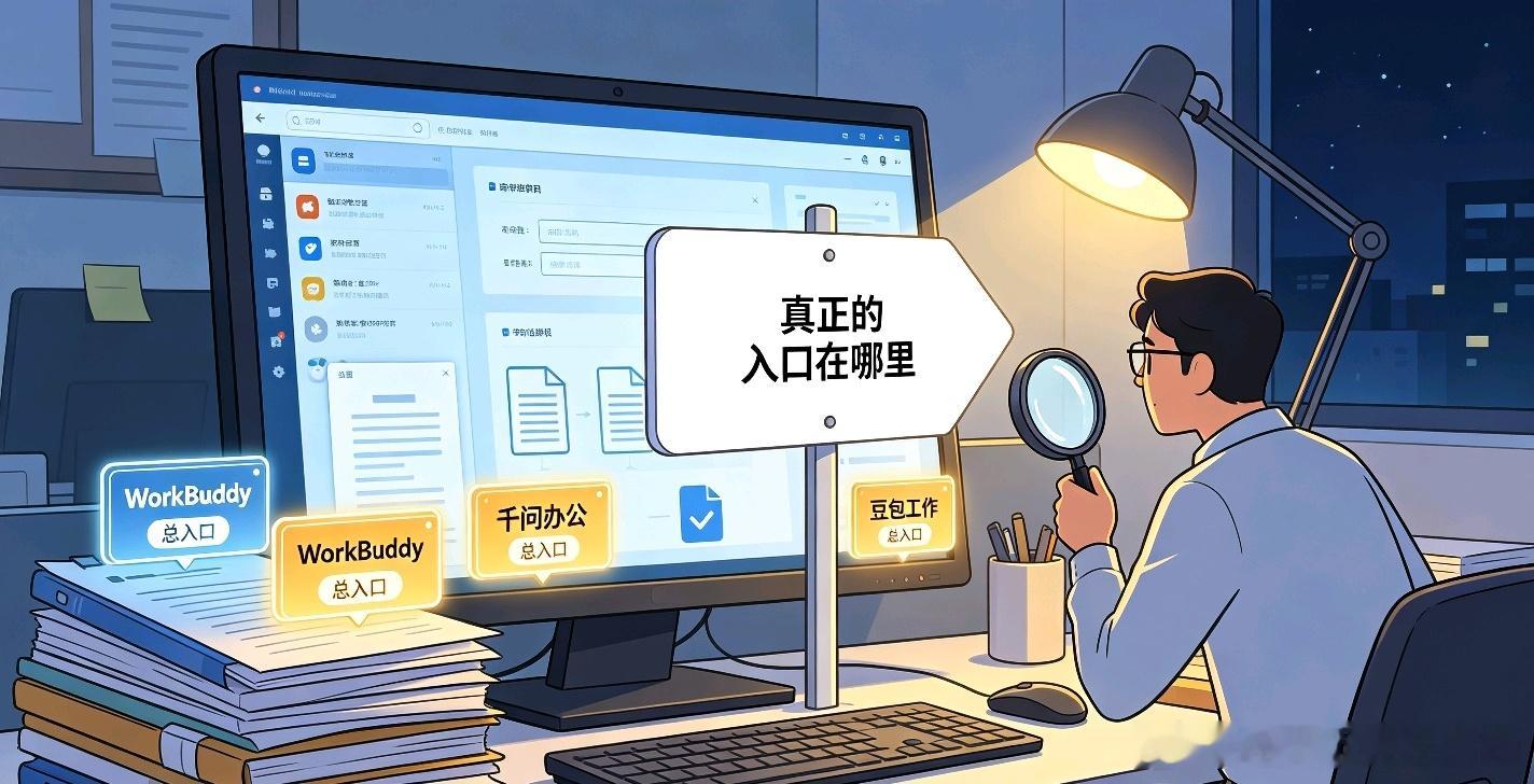 腾讯说WorkBuddy是“总入口”。阿里说千问办公是“总入口”。字节说豆包工作是“总入口”。

但打工人只有一个桌面。

千问办公仅支持钉钉扫码登录。豆包工作要用飞书账号登录。WorkBuddy倒是接入了企业微信——但企业微信绑定的又是另一套AI能力。

更离谱的是：千问办公已经打通了钉钉、飞书和企业微 ​
