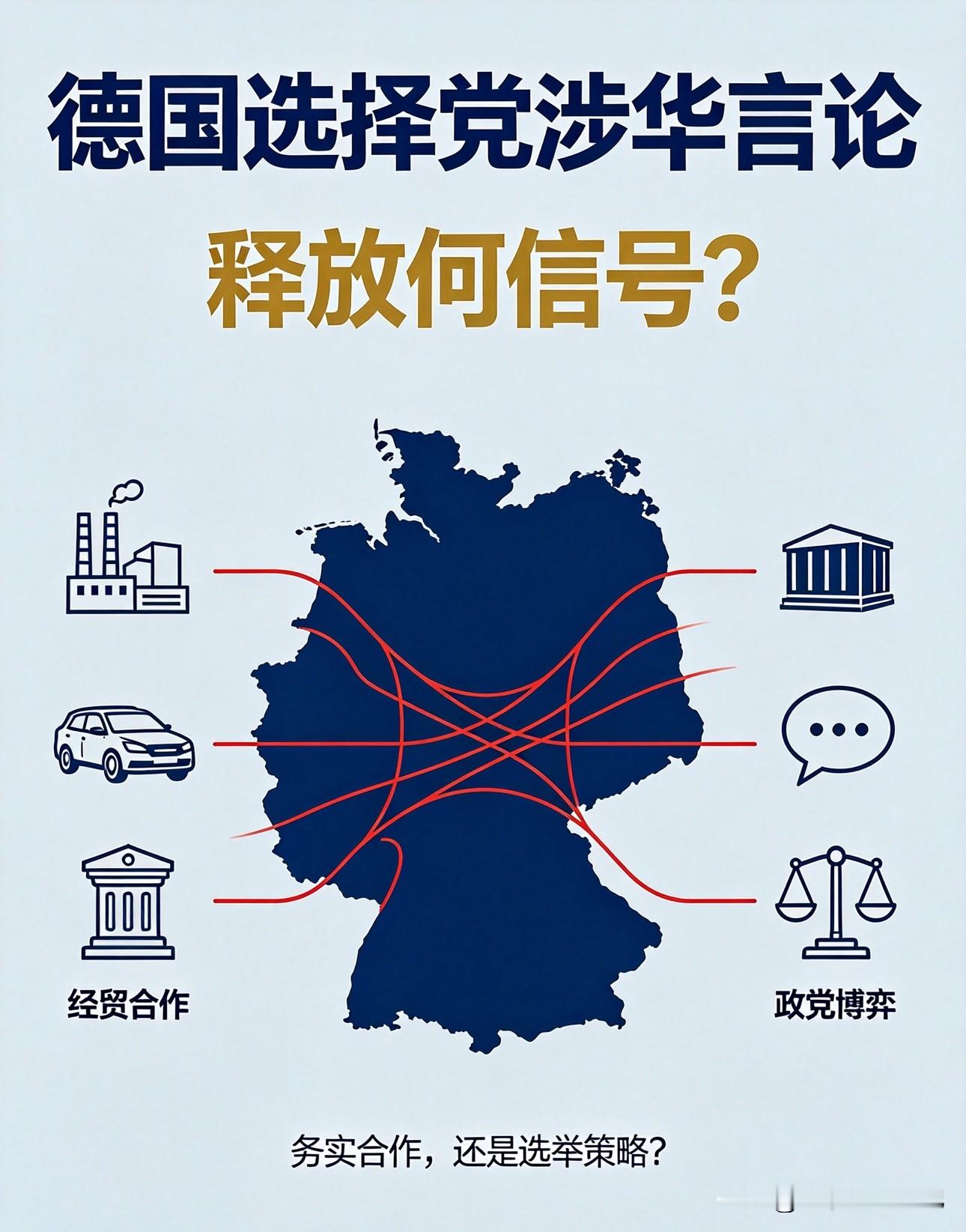 德国选择党为何突然对华示好？三个维度看懂背后逻辑。

一场地方选举搅动整个欧洲舆论！德国选择党在萨安州选举取得历史性大胜之后，接连释放对华相关表态冲上热搜。一边是抛出务实合作的论调，一边该党本身的右翼底色又备受争议，很多网友疑惑：这一系列涉华言论，到底释放出怎样的