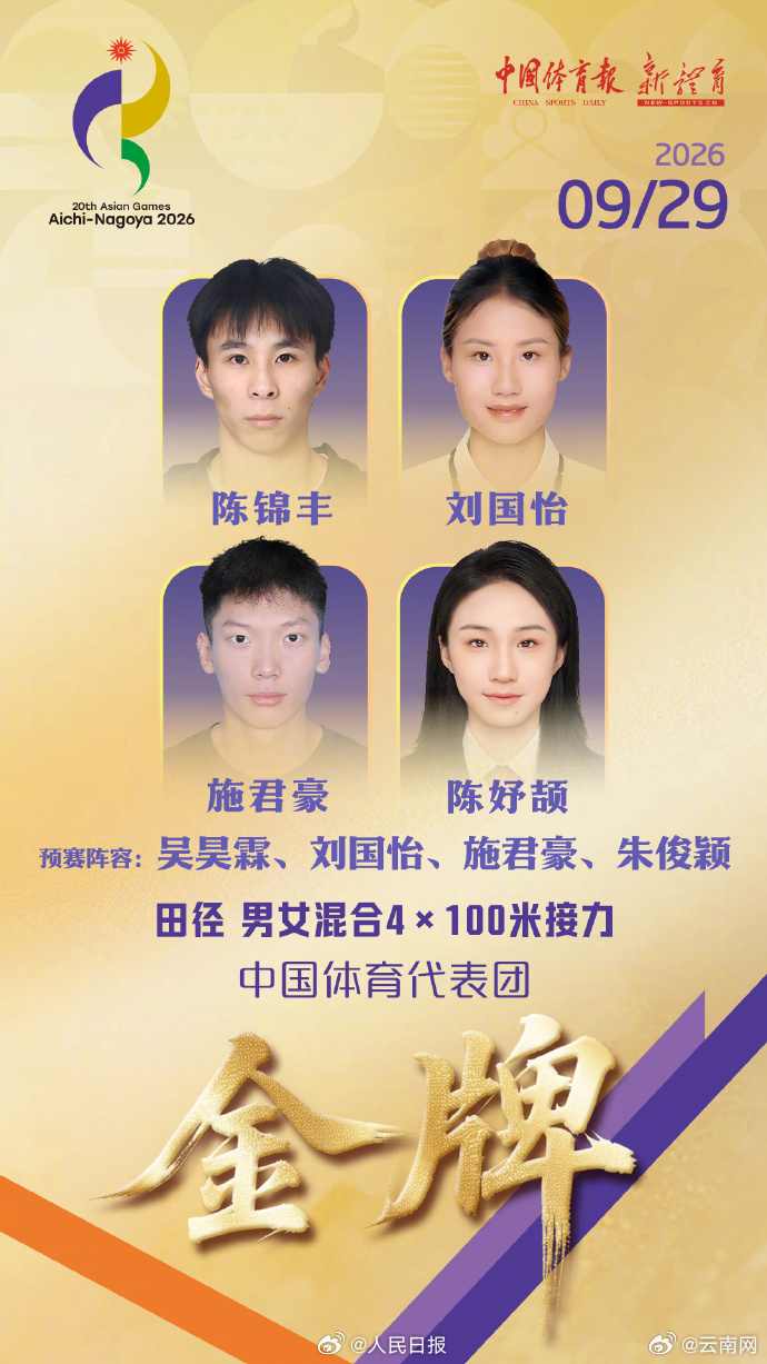 【祝贺！中国队包揽3块百米接力金牌】#4x100米混合接力中国队夺金##陈妤颉极限反超#当地时间9月29日晚，在瑞穗公园陆上竞技场进行的名古屋亚运会田径混合4×100米接力决赛中，由陈锦丰、刘国怡、施君豪和陈妤颉组成的中国队以40秒78的成绩夺得冠军，包揽了本届亚运会男、女子及混合4×100米接力的全部3枚 ​