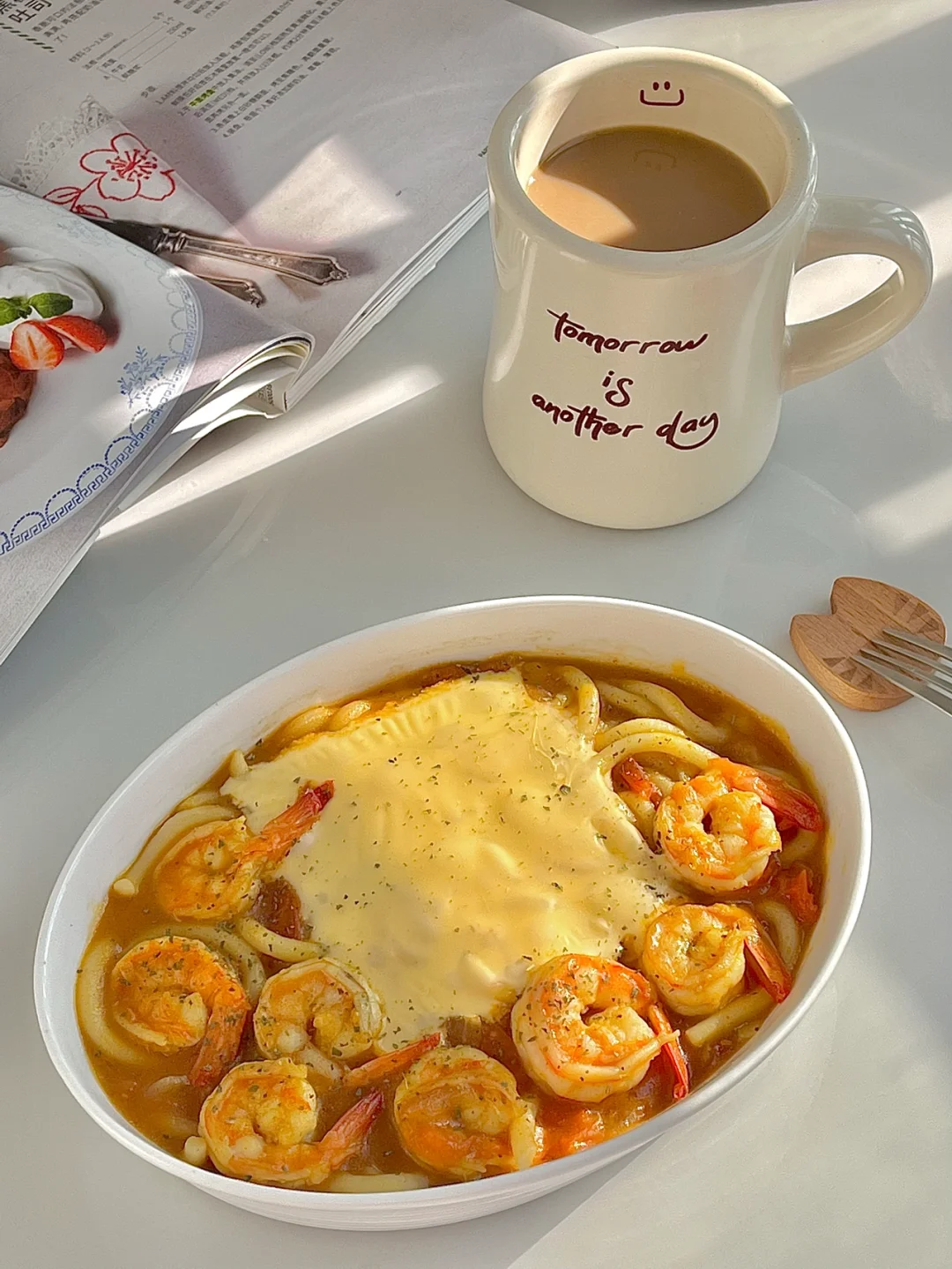 ☀️12.11日休息日早餐｜芝士咖喱虾仁乌冬面😋