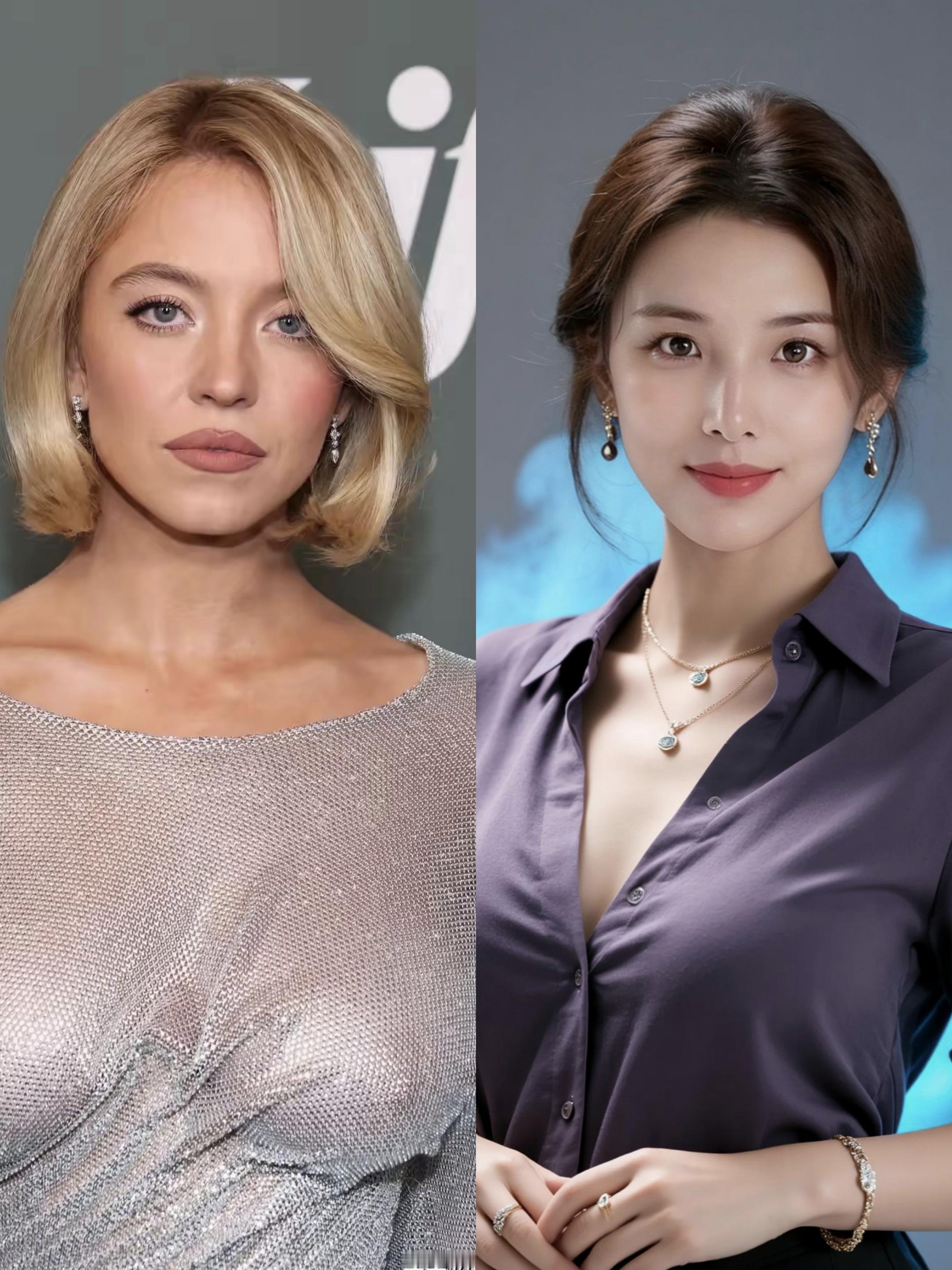 中外美女你咋选？      左边金发姐姐一身银色闪钻裙，仿佛把银河穿在...