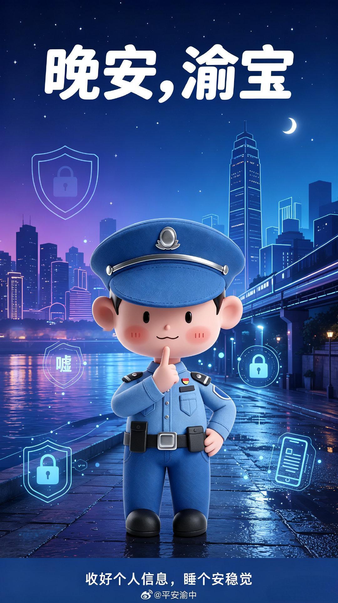 #晚安# 夜深了，手机里的信息也该“锁好”：陌生链接不乱点，验证码不随便发，钱包和隐私都要平安下班。#守护渝宝每一天##晚安[超话]# ​