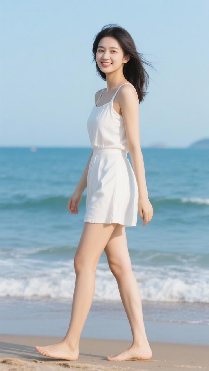 温婉大方的美女，海边漫步，阳光下的清新夏日