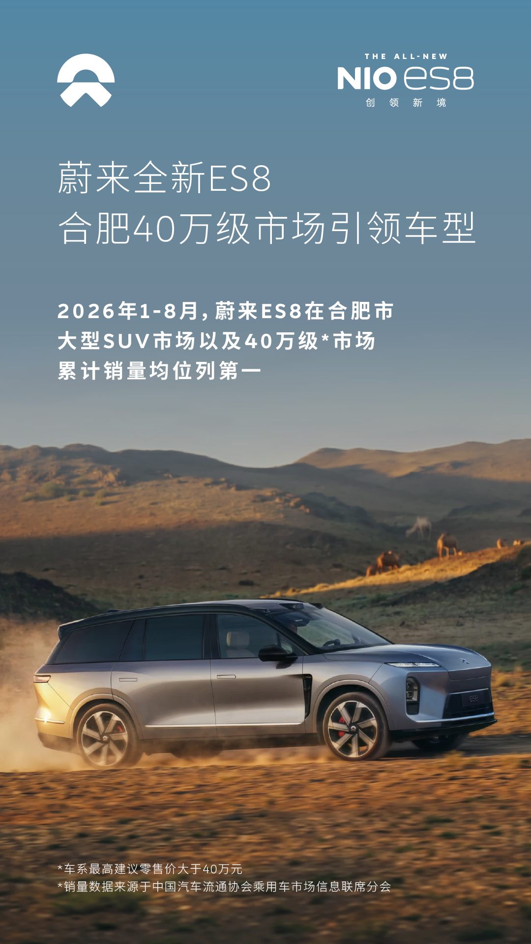 蔚来全新ES8凭借现象级的市场表现，进一步夯实了在高端纯电SUV市场的引领地位。2026年8月，蔚来全新ES8零售销量10,991台，蝉联大型SUV和40万级车型市场销量第一。今年1-8月，蔚来全新ES8累计零售销量达到99,893台，持续位列大型SUV市场销量冠军，同时也是40万级车型市场中，不分车身形式、不分能源形式 ​