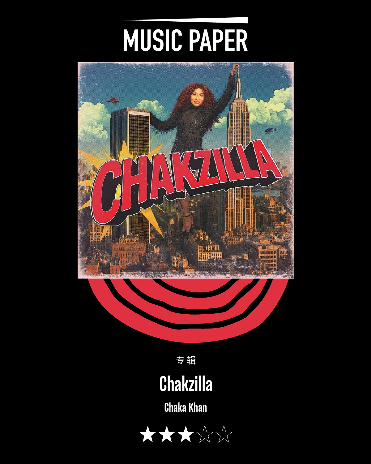 Boogie住在Chaka Khan的灵魂里

专辑评星：三星
艺人：Chaka Khan
标题：Chakzilla
发行：EarthSong / BMG
发行时间：2026/09/18
风格：流行、R&B、舞曲

从出道时加入音乐团体Rufus的Funk流行乐实验，到80年代个人名义发行名专《I Feel for You》中萌芽期的Hip-hop尝试，再到这张《Chakzilla》的当代D ​