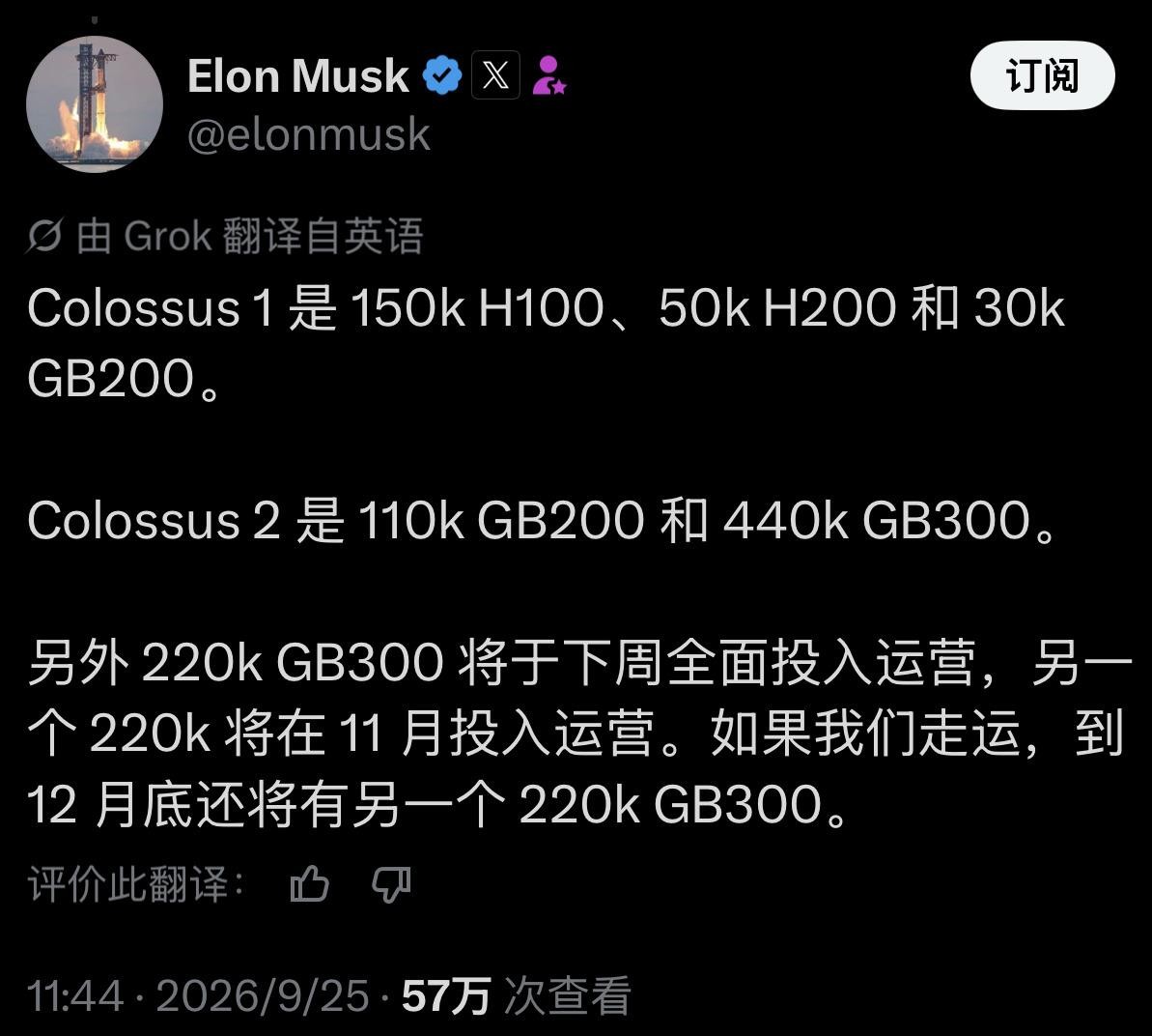 马斯克在X上又扔出一组数字，看得人头皮发麻。Colossus 2目前已经堆了11万块GB200和44万块GB300，下周还要再上22万块GB300，11月再来22万，年底前如果运气好还能塞进去第三波。光这三波加起来就是66万块顶级芯片，第四季度一个季度的硬件投入，比绝大多数公司一辈子见过的算力都多。