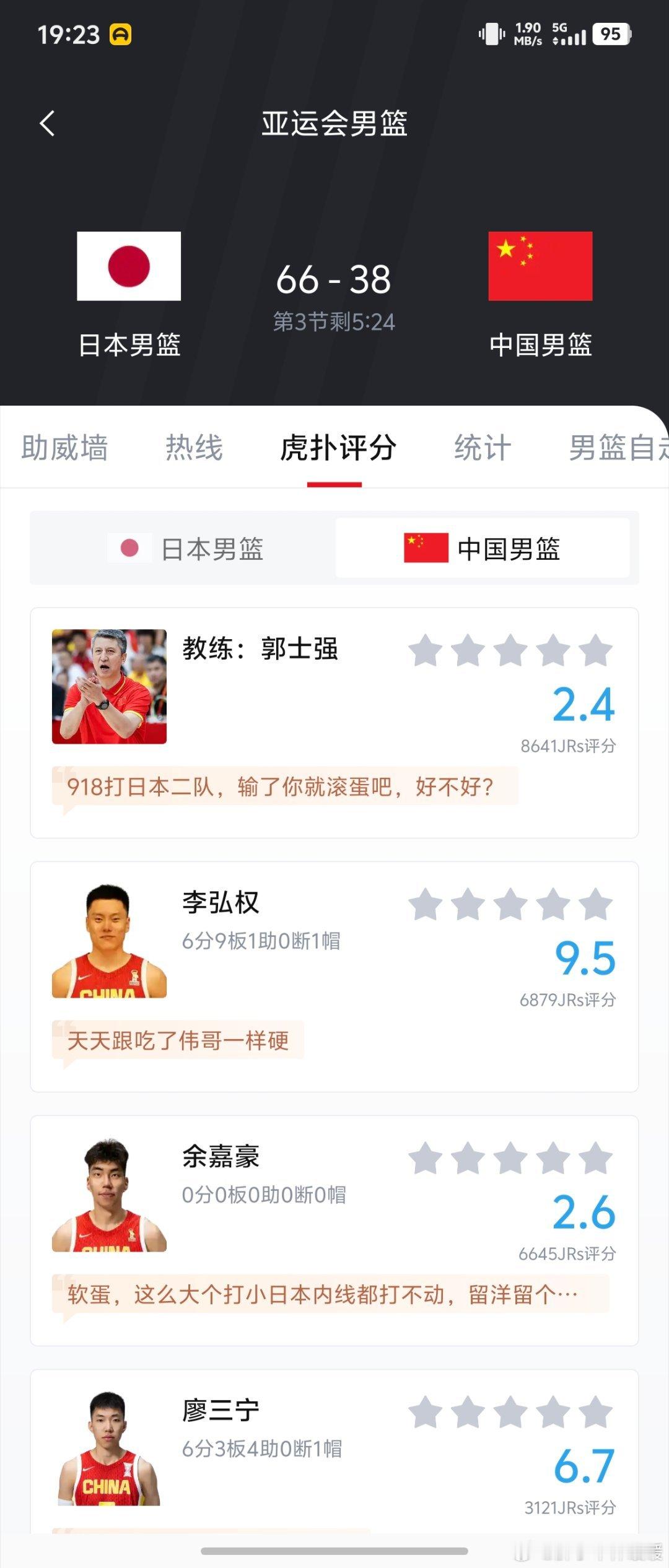 #中国男篮vs日本男篮#这分差，66-38，真得期待奇迹了[淡淡的][淡淡的] ​
