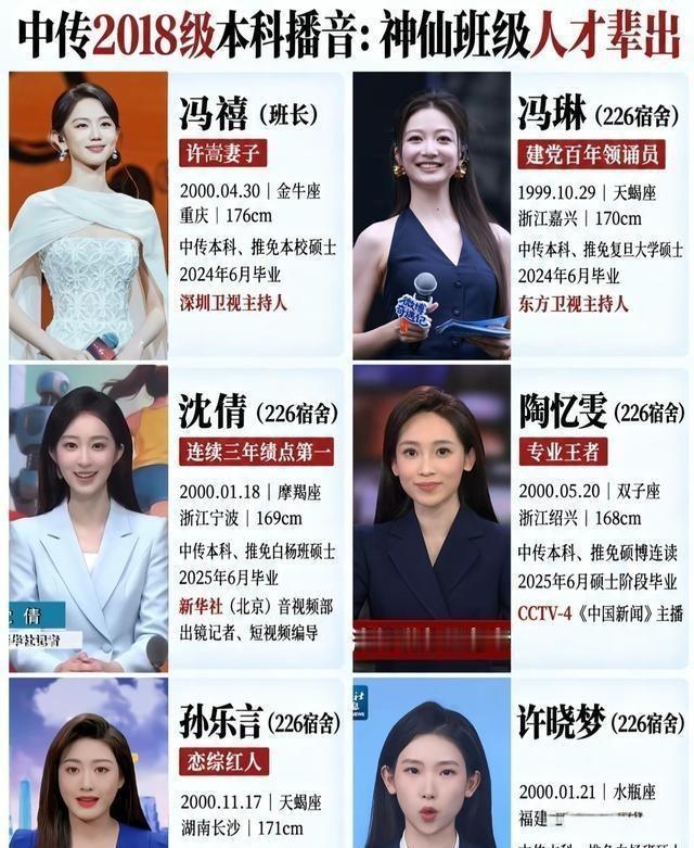 现在最让人服气的不是陶忆雯坐进央视中文国际，也不是冯琳从复旦毕业后进东方卫视，而是中传2018播本整体太稳。陶忆雯任硕博班班长后亮相中国新闻，冯琳做过百年庆典领诵，沈倩担任冬奥中文播报，冯禧拿主播新人冠军再入湖南卫视，后来和许嵩结婚。一个班多人进重大活动与核心平台，靠的是四年专业训练 ​