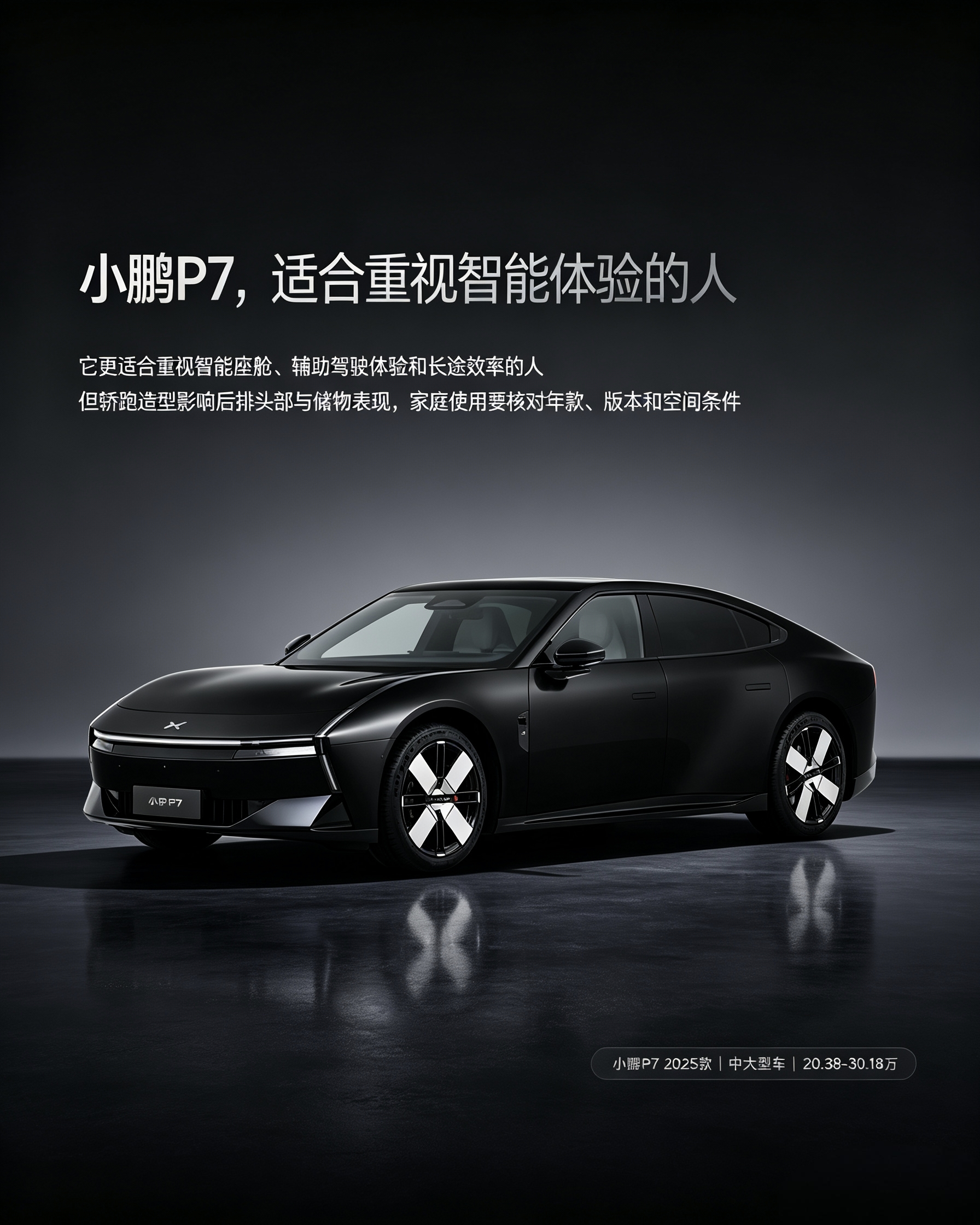 小鹏P7：适合喜欢智能座舱、辅助驾驶的人。溜背造型好看，但后排头部空间受限。家里经常坐满人的，一定要现场体验后排。【来自懂车帝车友圈】
